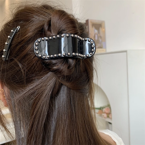 Vintage Schwarze Acetat Haarklammer Mit Gold Silber Metallperlen Minimalistische Entenschnabelklemme Retro Haarschmuck Für Damen