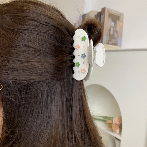 Pinza per Capelli in Acetato Bianco Crema Con Fiori 3D Colorati e Strass Grande Molletta per Capelli Donna Accessori Styling