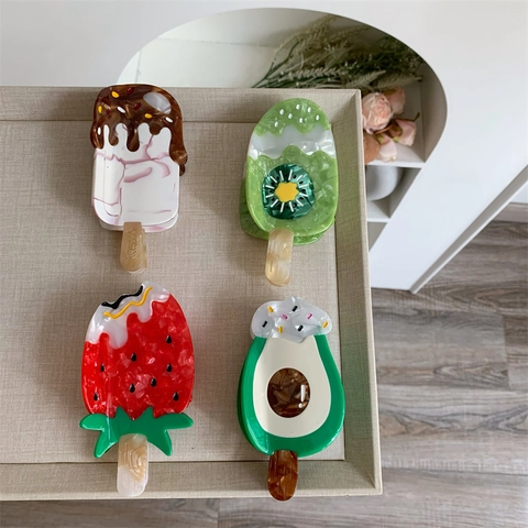 Pinces à Cheveux Créatives en Acétate Forme de Bâtonnet de Glace Motif Fruit Avocat Kiwi Chocolat Fraise Accessoires de Coiffure Femme