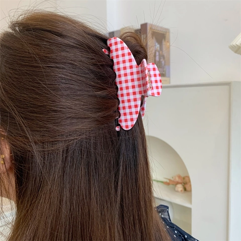 Pinza per Capelli in Acetato a Quadretti Stile Coreano per Donna Modello Gingham Grande Clip a Squalo Vintage Dolce Accessori Capelli