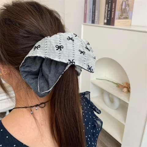 Vintage Grigio Fiocco Grande Scrunchie da Donna Retro Traforato Tessuto Elastico per Capelli Elegante Coda di Cavallo Gioielli