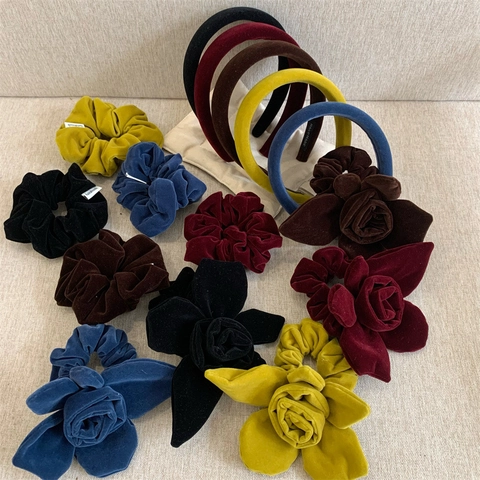 Vintage Velvet Flower Scrunchies Elegant Solid Color Large Hair Ties Sponge Padded Headbands Women Handmade Hair Accessories