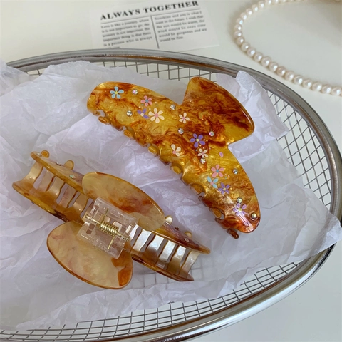 Vintage Caramel Floral Hair Claw Clip Retro Maillard PVC Painted Hair Catch Rhinestone Women Elegant Hair Accessory