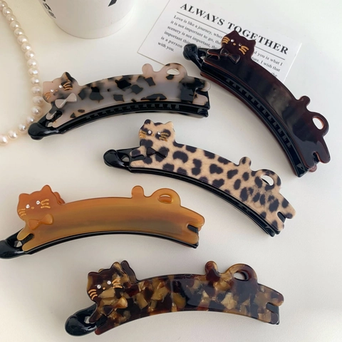 Pince Banane en Acétate de Cellulose Forme de Chat Style Coréen Motif Léopard Écaille de Tortue Accessoire Femme