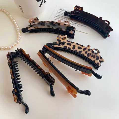 Pince Banane en Acétate de Cellulose Forme de Chat Style Coréen Motif Léopard Écaille de Tortue Accessoire Femme
