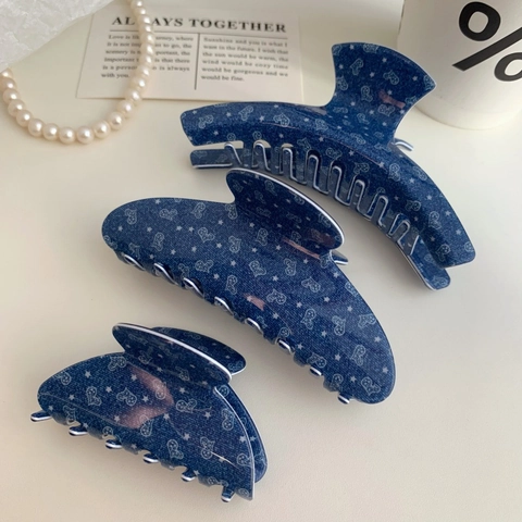Koreanischer Stil Denim Blau Acetat Haarklammer Stern Herz Druck Retro Haarkralle Für Damen Täglich Haarschmuck