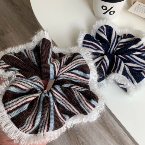 Koreaanse Gebreide Gestreepte Scrunchie Vintage Franje Haarelastiek Elastische Grote Paardenstaarthouder Voor Dames Mode