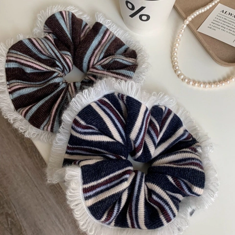 Koreaanse Gebreide Gestreepte Scrunchie Vintage Franje Haarelastiek Elastische Grote Paardenstaarthouder Voor Dames Mode