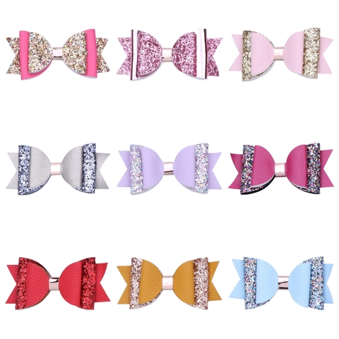 Large Glitter Faux Leather Bow Hair Clips For Girls Kids Sparkling Sequins Performance Party Birthday Hair Accessories Gift Headwear