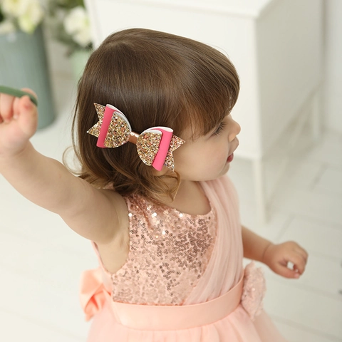 Large Glitter Faux Leather Bow Hair Clips For Girls Kids Sparkling Sequins Performance Party Birthday Hair Accessories Gift Headwear