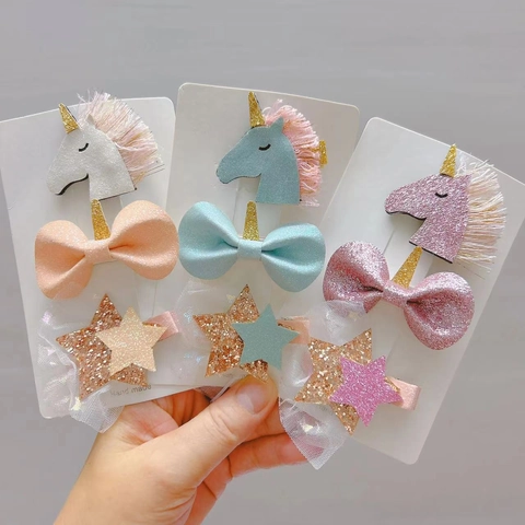 Glitzer Kinder Einhorn Stern Schleife Haarklammern Set Netzstoff Cartoon Haarnadeln Für Mädchen Süßer Haarschmuck Geschenk