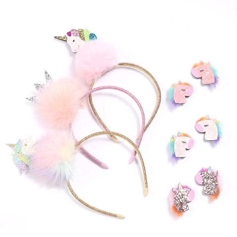 Kinder Einhorn Pompon Stirnband Mit Pailletten Krone Regenbogen Haarklammern Für Mädchen Geburtstag Party Haarschmuck