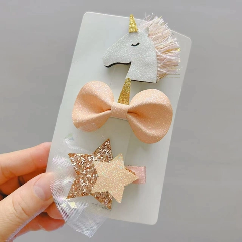 Glitzer Kinder Einhorn Stern Schleife Haarklammern Set Netzstoff Cartoon Haarnadeln Für Mädchen Süßer Haarschmuck Geschenk
