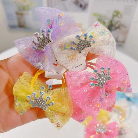 Kids Princess Mesh Bow Hair Clip Rhinestone Crown Hair Ties Sparkly Star Sequin Toddler Party Accessories Hairpins