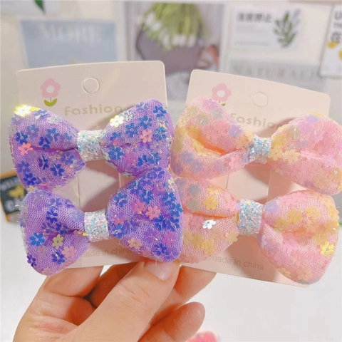 Korean Style Kids Mesh Sequin Flower Bow Hair Clips For Girls Handmade Fabric Duckbill Clip Hairpin Fashion Headwear