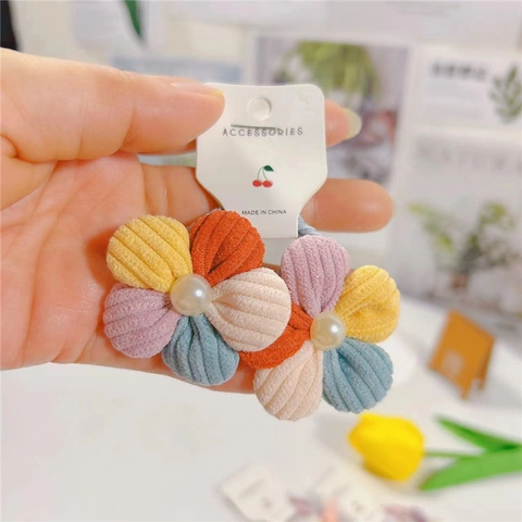 Korean Style Bubble Gauze Flower Artificial Pearl Hair Ties For Kids Sweet Floral Elastic Hair Bands Girls Headwear Accessories