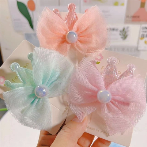 Kids Girls Crown Mesh Bow Hair Clip Handmade Tulle Hairpin With Artificial Pearl Princess Duckbill Clip Sweet Hair Accessories