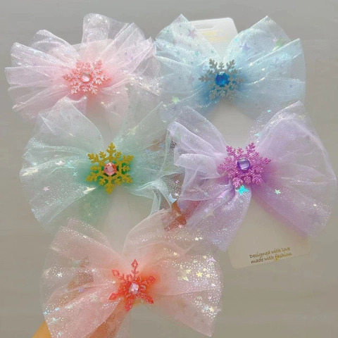 Pinza para el Cabello con Lazo de Malla Hecha a Mano para Niñas Dulce Copo de Nieve Bronceado Diamantes de Imitación Tocado de Princesa Accesorios para el Cabello