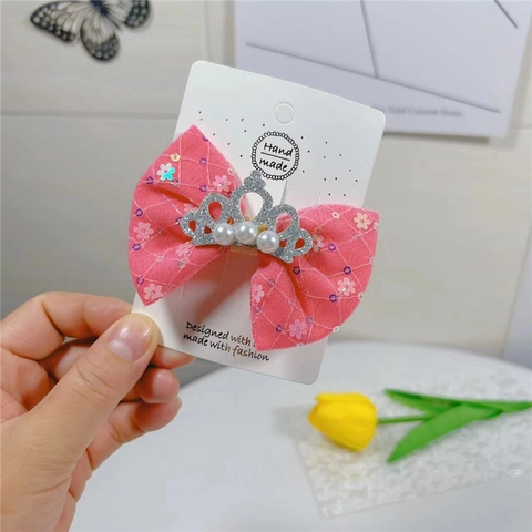 Pinza para el Pelo con Lazo Dulce para Niñas con Corona de Purpurina y Perla Artificial de Tela para Fiesta de Cumpleaños
