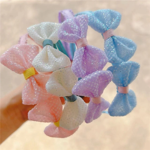 Glitter Mesh Bow Headband For Girls Kids Macaron Color Fabric Covered Hair Bands Sweet Butterfly Knot Hair Accessories