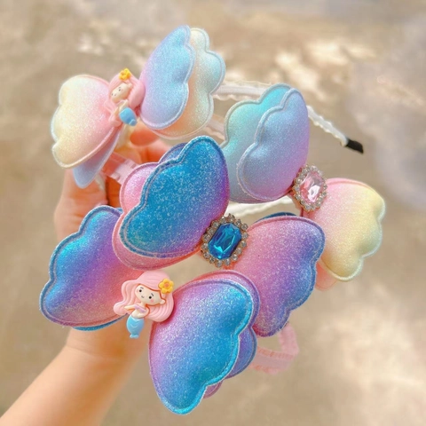Cerchietto per Capelli con Fiocco Sfumato per Bambini Sirena Glitter Molletta Principessa Pietre Preziose Strass Accessori per Capelli Ragazze