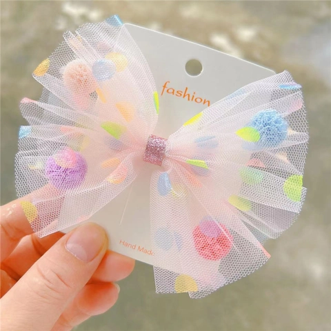Douce Barrette Cheveux Nœud en Maille pour Enfants Filles À Pois Pompon Bandeau Cheveux Élastique Accessoires Cheveux Bébé