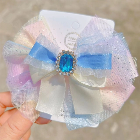 Pinza para el Pelo Con Lazo de Malla Degradada y Gema Artificial para Niñas Accesorio para el Cabello Estilo Princesa Regalo de Cumpleaños