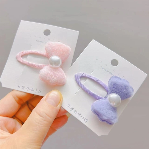 Dolce Fermaglio per Capelli a Fiocco in Peluche Con Perla Artificial Decorativa Clip BB in Pelliccia di Coniglio Sintetica per Bambini