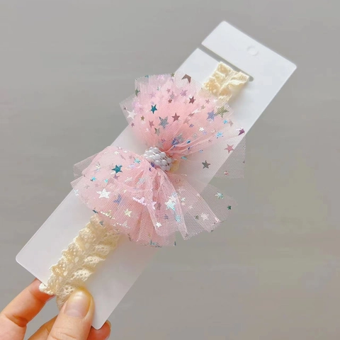 Bandeau à Nœud en Maille pour Bébé Fille Étoile Paillettes Faux Künstliche Perle Dentelle Élastique pour Accessoires de Photographie