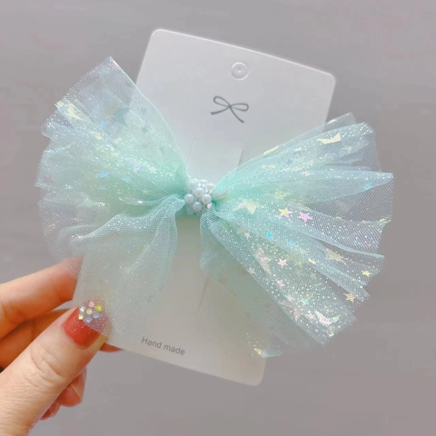 Kids Mesh Bowknot Hair Clip Sweet Princess Artificial Pearl Sequin Star Hairpin Handmade Headwear For Girls Daily Party