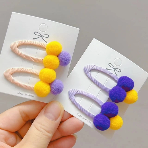 2 Stuks Kinder Pluche Pompon Haarclips Zoete Snoepkleuren BB-clips Handgemaakte Met Stof Omwikkelde Haarspelden Voor Meisjes