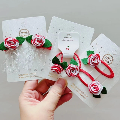 Handgemaakte Vilt Roos Bloem Haarspeld Haarelastiek Set Voor Kinderen Zoete Bloemen Groene Blad Duckbill BB Clip Meisjes
