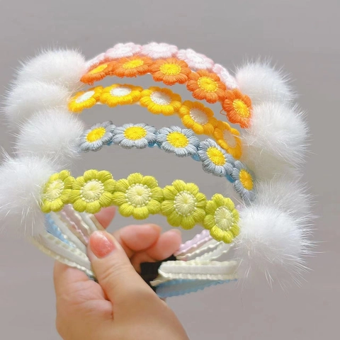 Schattige Handgemaakte Gehaakte Madeliefje Bloem Nertsbont Bal Hoofdband Voor Meisjes Zoete Pastorale Stijl Haaraccessoires