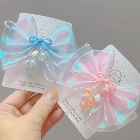 Pinza De Pelo Con Lazo De Malla Iridiscente Para Niñas Colgante De Concha Con Cuentas Hecho A Mano Pinza Lateral Con Lazo Grande Accesorios Dulces Para El Cabello