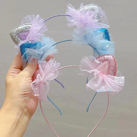 Glitzer Katzenohren Haarreif Mit Netzrüschen Für Kinder Mädchen Party Aufführung Süße Pailletten Haarband Prinzessin Haarschmuck