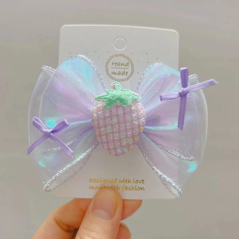 Dolci Ragazze Fragola Fiocco Fermaglio Per Capelli Fascia Organza Paillettes Accessori Per Capelli Rosa Blu Viola Stile Preppy Per Bambini