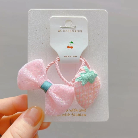 Élastiques à Cheveux en Tissu Paillettes Nœud Fraise pour Enfants Filles Accessoires de Cheveux Style Coréen Mignon