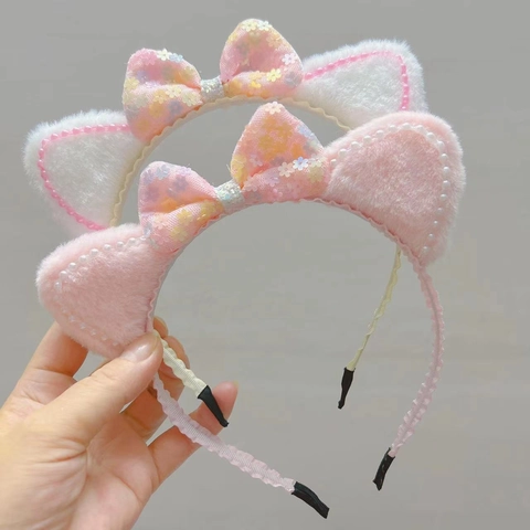 Cute Plush Cat Ears Headband For Girls Pink White Sequin Bow Hair Hoop Kids Princess Hair Accessories Artificial Pearl