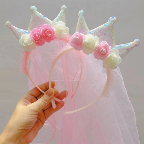 Serre-Tête Couronne de Princesse pour Enfants Avec Long Voile Paillettes Fleur de Rose Artificielle pour Mariage Anniversaire Fille