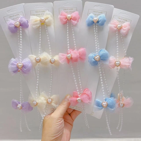 Dulce Pinza para el Cabello con Lazo de Malla Con Cadena de Borla de Perlas Artificiales Accesorios para el Cabello de Tela para Niñas Mujeres Hecho a Mano
