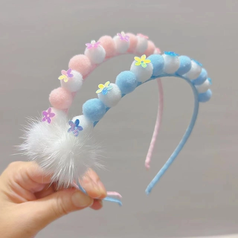 Diadema Dulce Color Macarrón Con Bola de Pelo para Niñas Diadema de Felpa de Visón Con Flores Accesorios para el Cabello