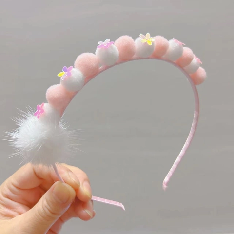 Diadema Dulce Color Macarrón Con Bola de Pelo para Niñas Diadema de Felpa de Visón Con Flores Accesorios para el Cabello