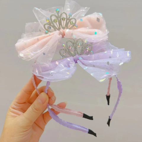 Serre-tête Couronne de Princesse pour Enfants Nœud en Maille Barrette à Cheveux Strass Paillettes Accessoires Cheveux Fête