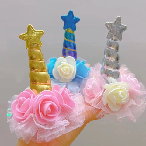 Kids Unicorn Hair Clip With Glitter Star Mesh Flower Rose For Birthday Party Performance Decorative Accessories Headpiece