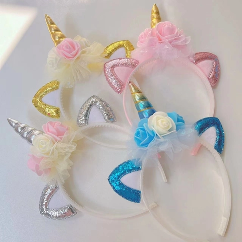 Einhorn Haarreif Mit Pailletten Katzenohren Und Stoffblumen Prinzessin Party Haarschmuck Für Kinder Auftritt Requisite