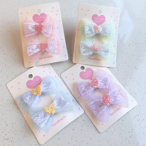 Sweet Kids Lace Bow Hair Clips Dreamy Mesh Gauze Heart Pattern Hairpins Handmade Fashion Hair Accessories For Girls