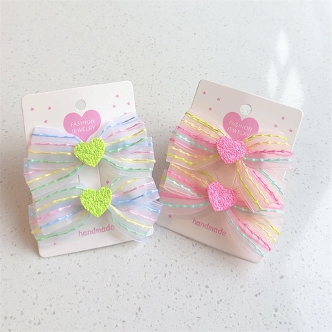 Regenbogen Gestreifte Zweilagige Organza Schleife Haarklammern Für Mädchen Glitzer Herz Netz Haarnadeln Prinzessin Kinder Haarschmuck