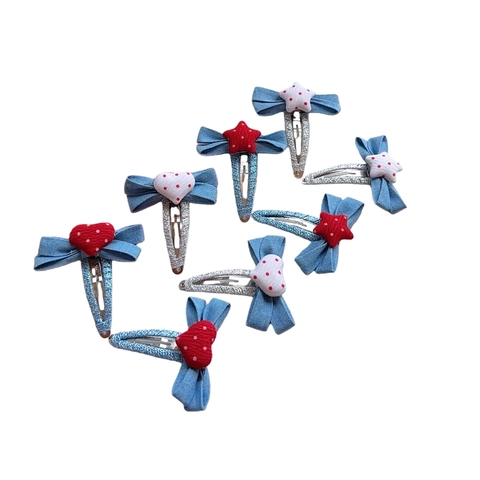 Ensemble de Barrette à Cheveux Nœud en Tissu Style Coréen Pois Cœur Étoile Motif Denim Pince à Clip pour Filles