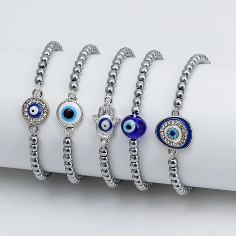 Bohemian Evil Eye Hamsa Hand Beaded Bracelet For Women Men Hematite Stone Alloy Rhinestone Turkish Nazar Protection Lucky Jewelry