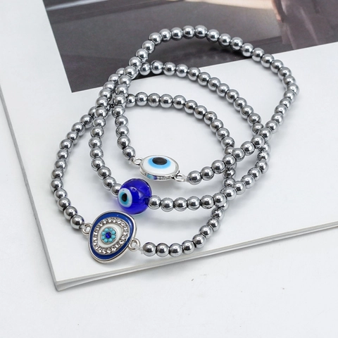 Bohemian Evil Eye Hamsa Hand Beaded Bracelet For Women Men Hematite Stone Alloy Rhinestone Turkish Nazar Protection Lucky Jewelry